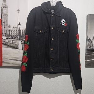 Eighty Eight Black Jean Jacket with Red Rose Embroidery